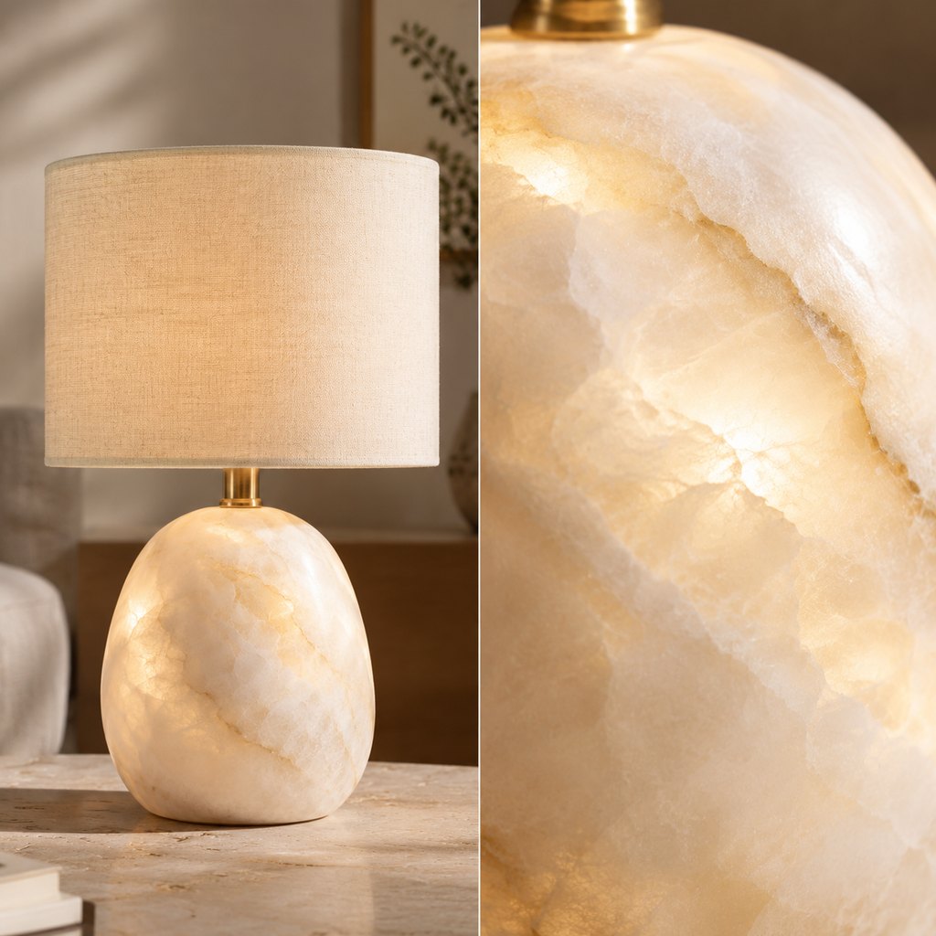 Sienna solid alabaster table lamp with linen shade — view 3
