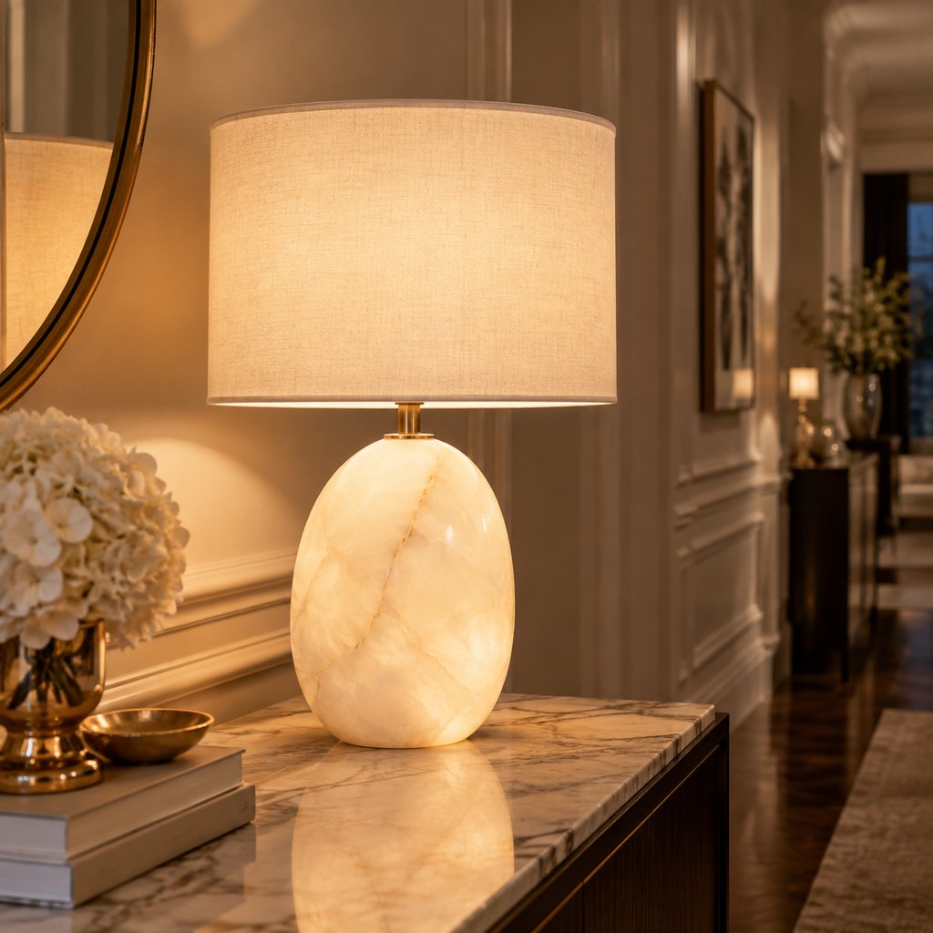 Sienna solid alabaster table lamp with linen shade — view 4