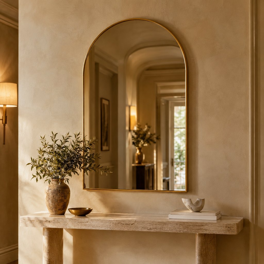 Urbino arched wall mirror with slim brass frame — view 4