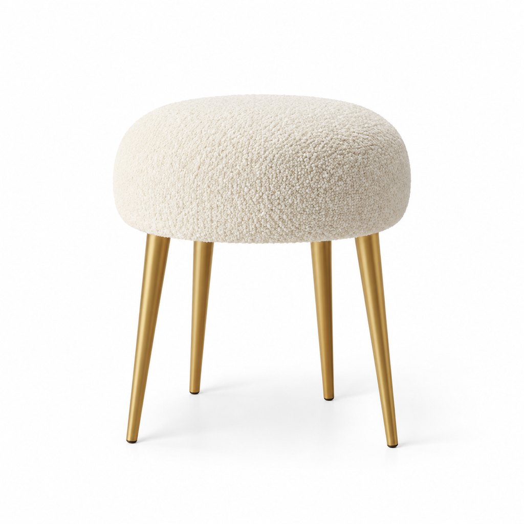 Roma cream bouclé accent stool with brass tapered legs