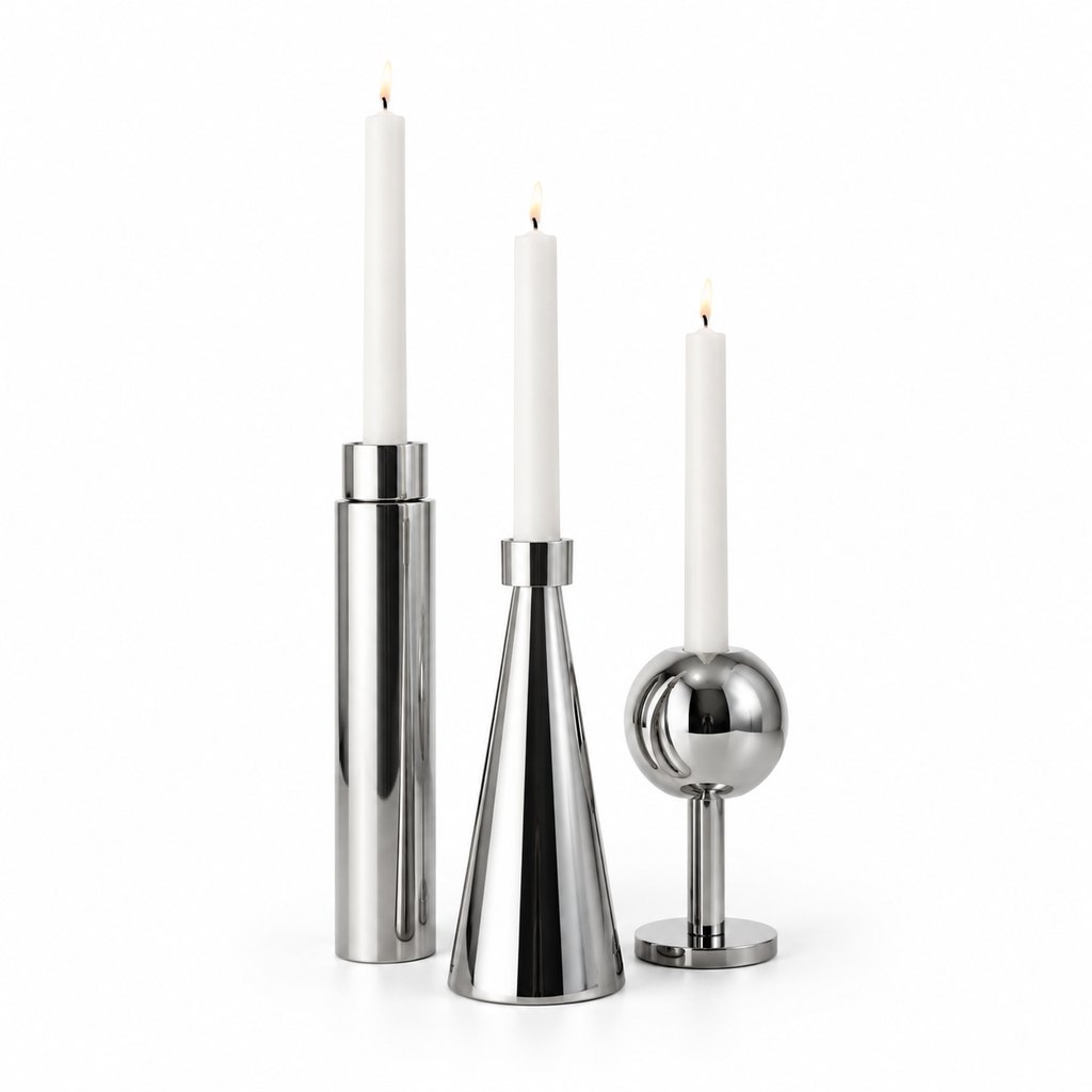 Milano polished chrome sculptural candle holders set of three