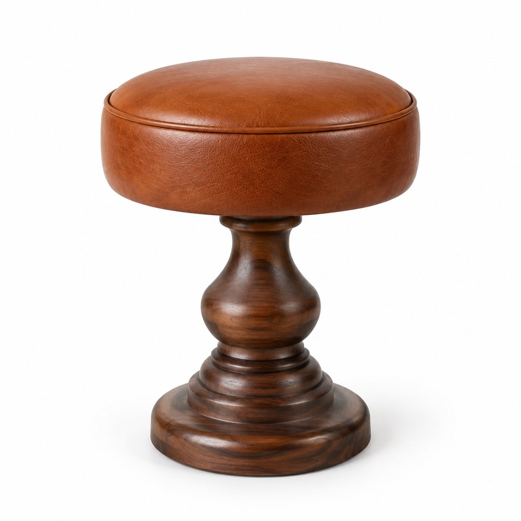 Torino cognac leather round stool with walnut pedestal base