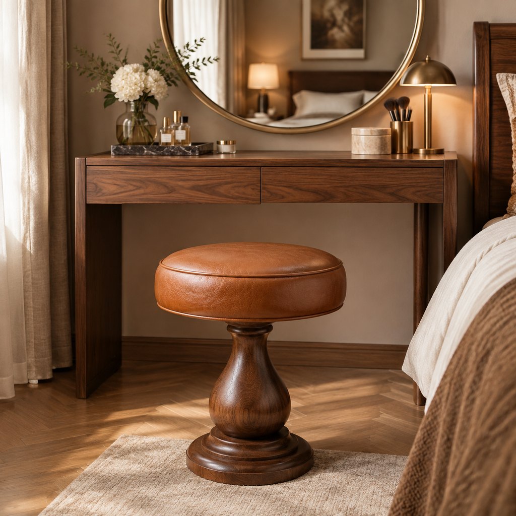 Torino cognac leather round stool with walnut pedestal base — view 4