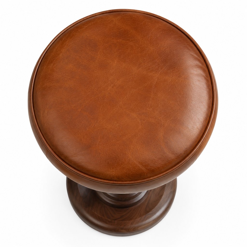 Torino cognac leather round stool with walnut pedestal base — view 5