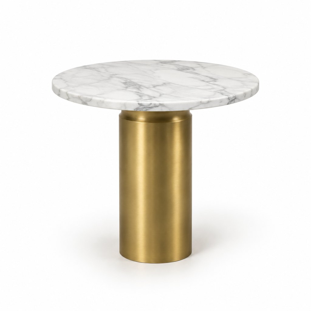 Veneto round Carrara marble side table with brass pedestal base