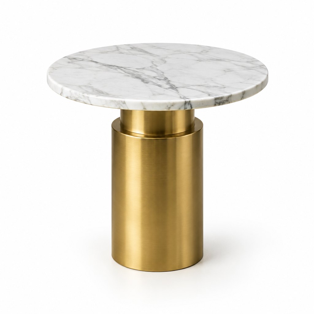 Veneto round Carrara marble side table with brass pedestal base — view 2
