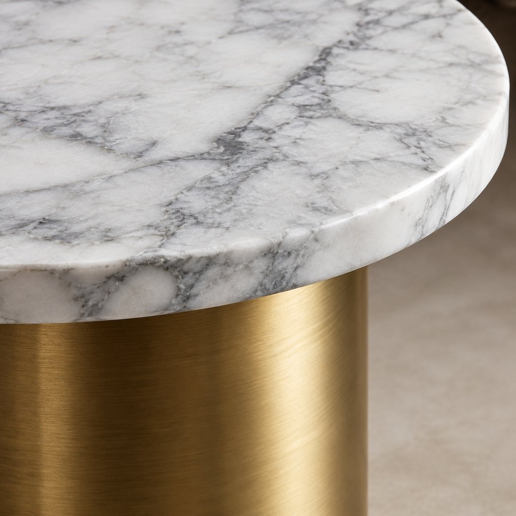 Veneto round Carrara marble side table with brass pedestal base — view 3