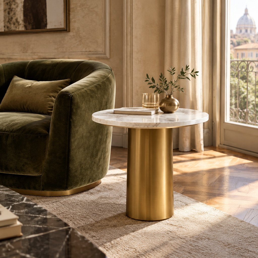 Veneto round Carrara marble side table with brass pedestal base — view 4