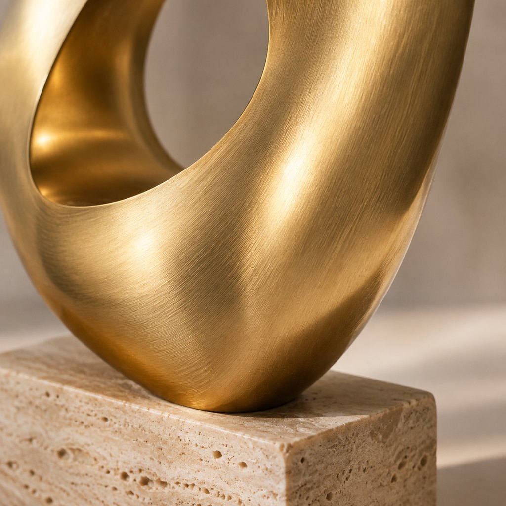 Argento brushed brass abstract sculpture on travertine base — view 3
