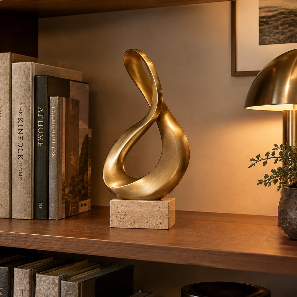 Argento brushed brass abstract sculpture on travertine base — view 4