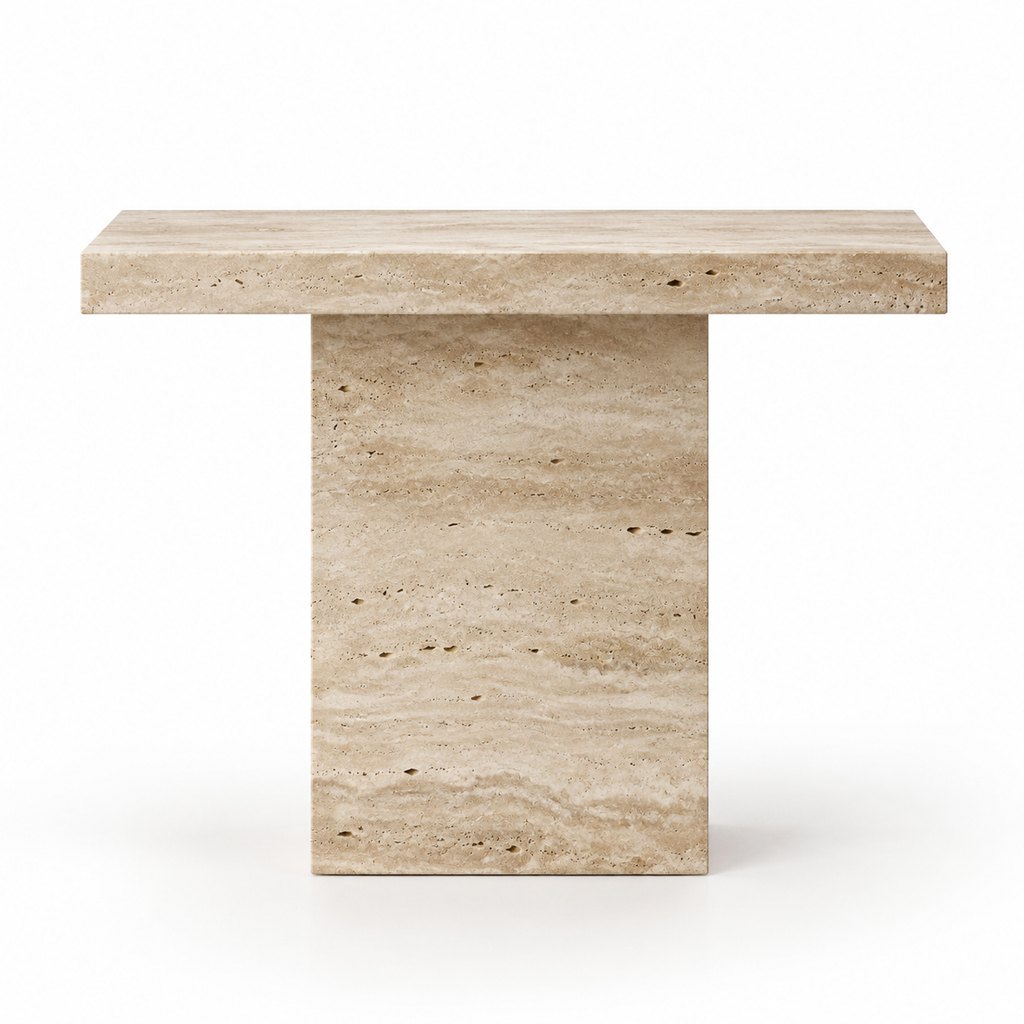 Tivoli narrow travertine console table with slab pedestal base