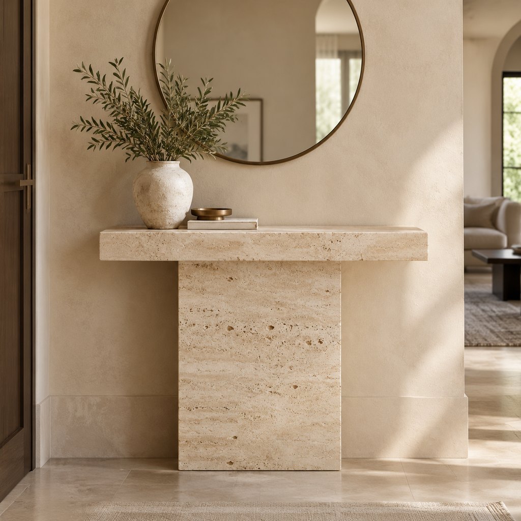 Tivoli narrow travertine console table with slab pedestal base — view 4
