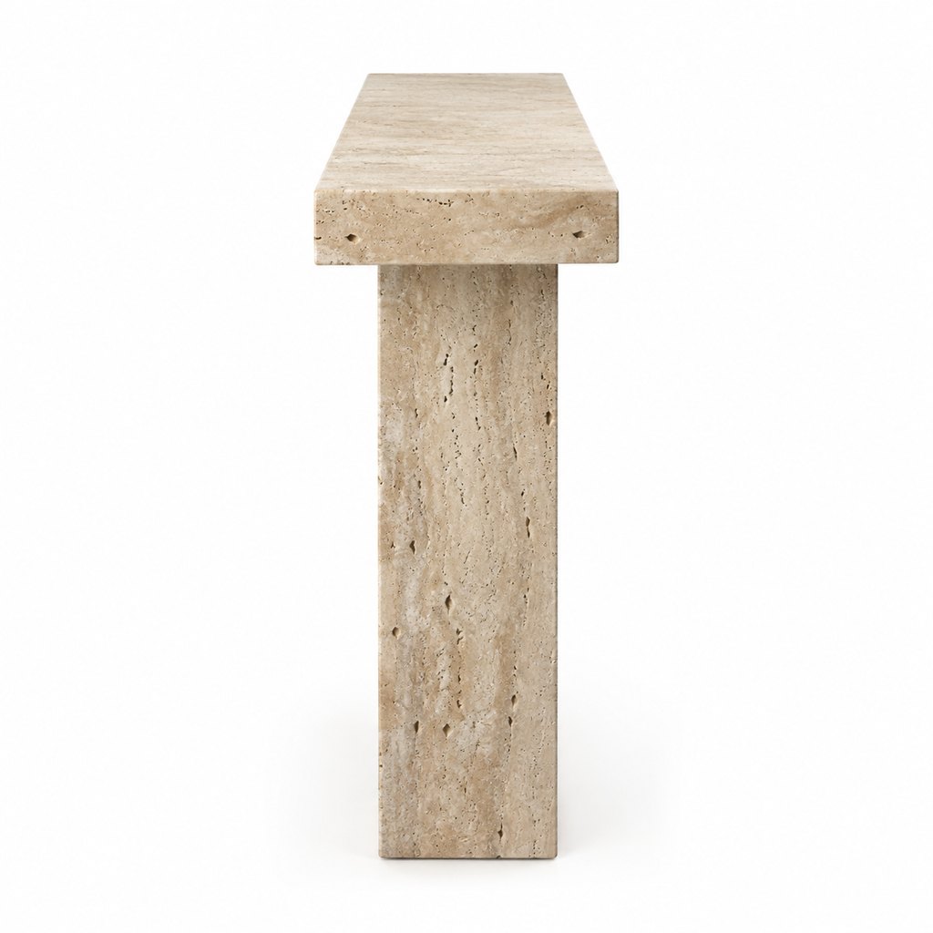 Tivoli narrow travertine console table with slab pedestal base — view 5